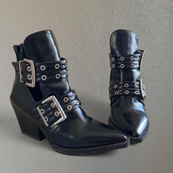 Shoes - Black Buckle-Strap Pointed Toe Ankle Boots - Women
